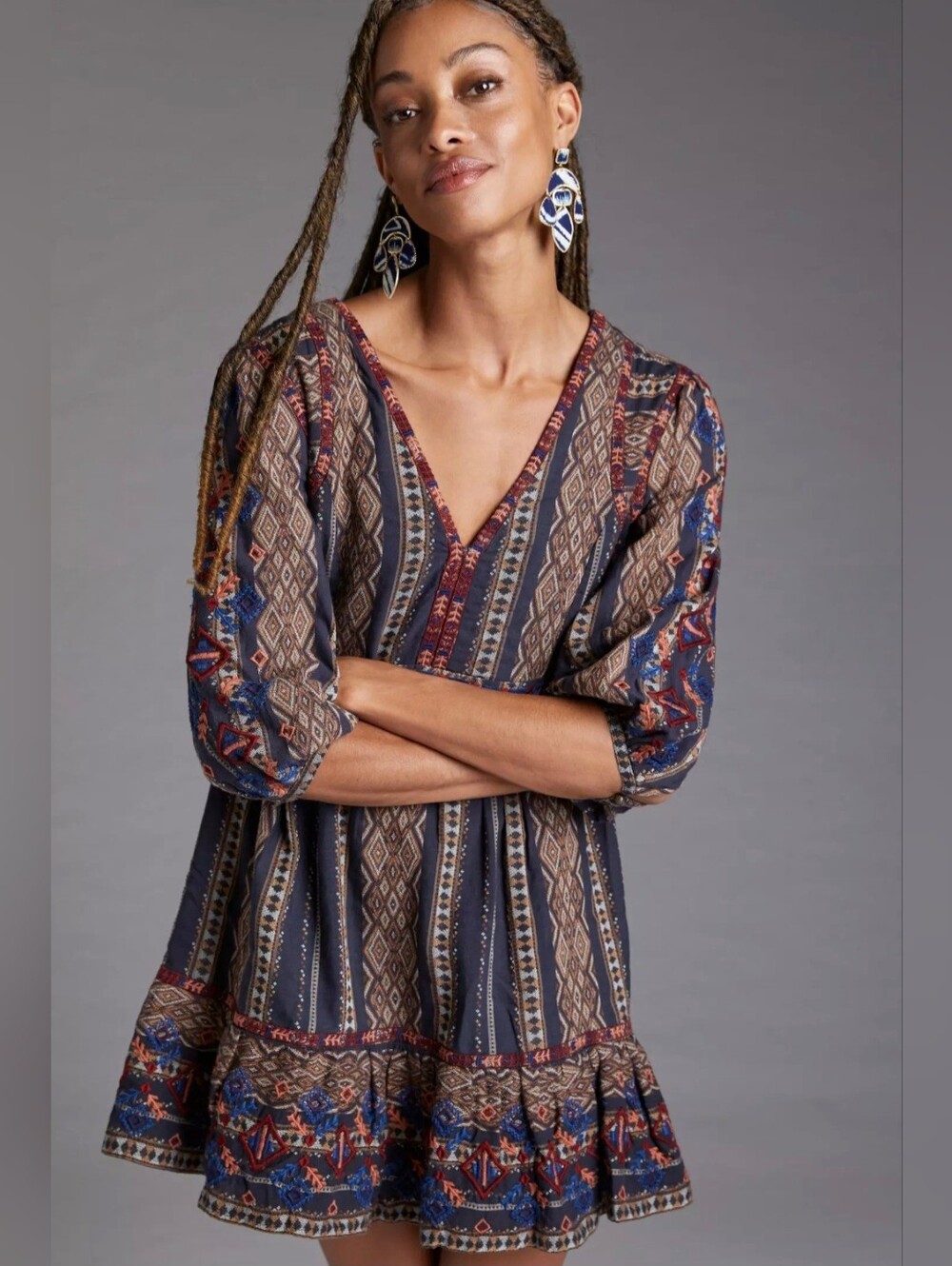 Anthropologie S Boho Embroidered Tunic Dress Fall Peasant Layering Festival Mini